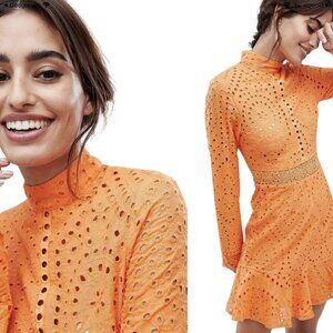 Lioness Eyelet Cutout High Neck Mini Dress Women's XL Orange Lace Party Cocktail